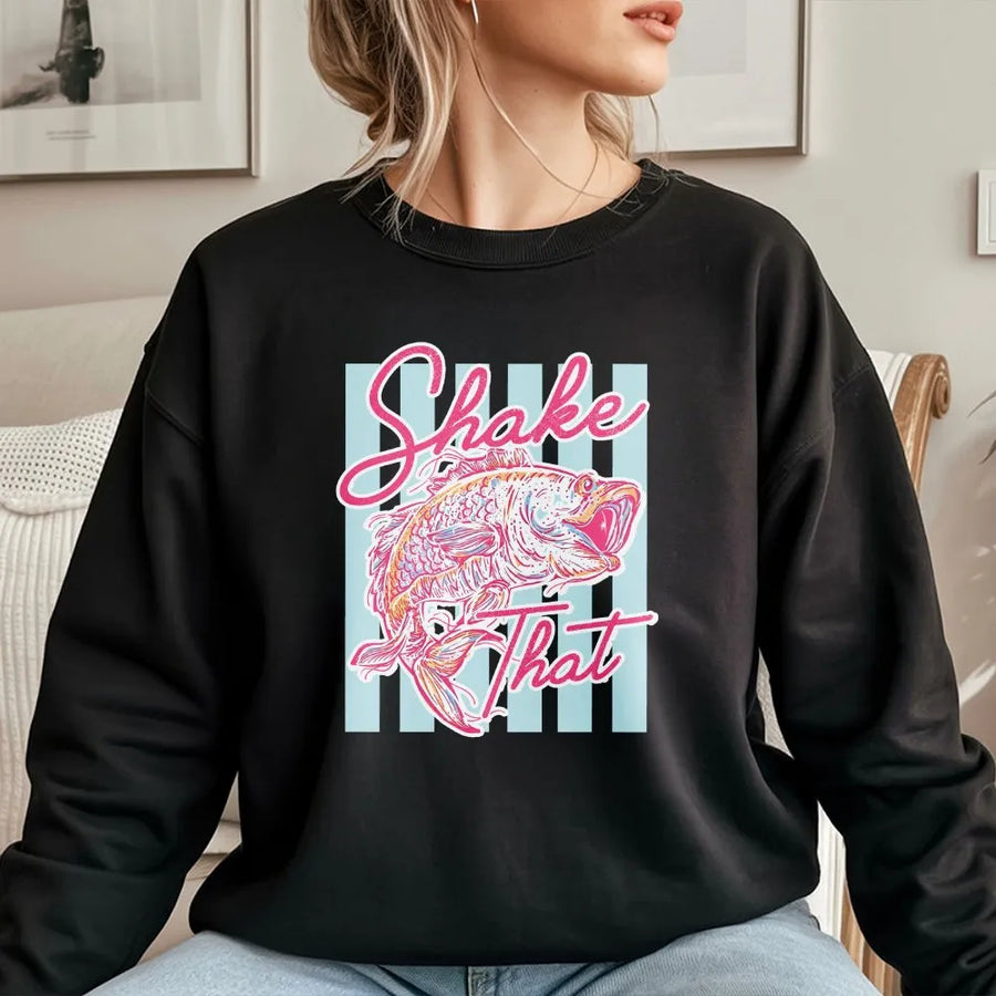 Striped Bass Fishing Sweatshirt | Funny Retro Shake That Bass Graphic | Premium Soft Crewneck | Unisex Angler Fisherman Gift