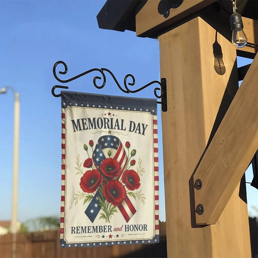 Memorial Day Garden Flag | Remember and Honor Patriotic Red Poppies Ribbon | Double Sided 2-Layer Weatherproof Polyester | Veterans Day Yard Decor Gift