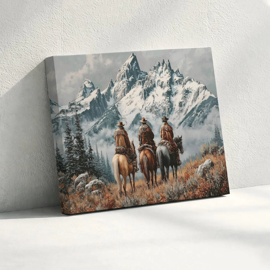 Western Cowboy Wall Art | Three Cowboys Riding Through Snowy Mountains | Premium Gallery-Wrapped Canvas | Rustic Lodge Decor Gift