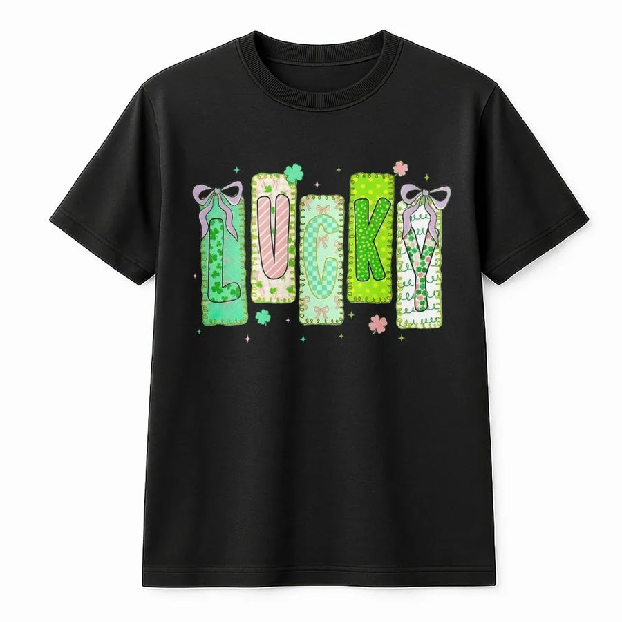 Lucky St. Patrick's Day T-Shirt | Patchwork Clover Bow Graphic | Premium Soft Cotton Tee | Cute Green Holiday Gift for Women & Girls