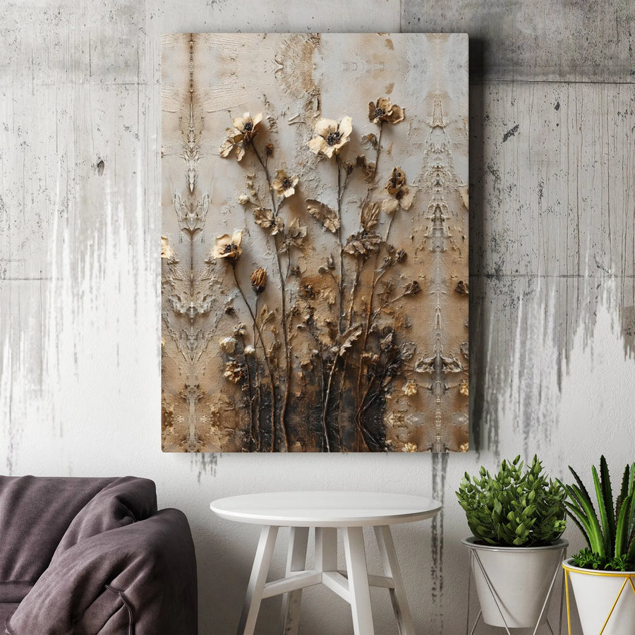 Neutral Floral Canvas Wall Art | Beige Textured Botanical Print | Premium Gallery Wrap Wooden Frame | Modern Minimalist Home Decor Gift