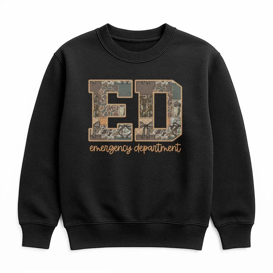 Emergency Department Sweatshirt | Cute Camo Bow ED Nurse Crewneck | Premium Cotton Blend | Gift for Nursing Student or ER Nurse