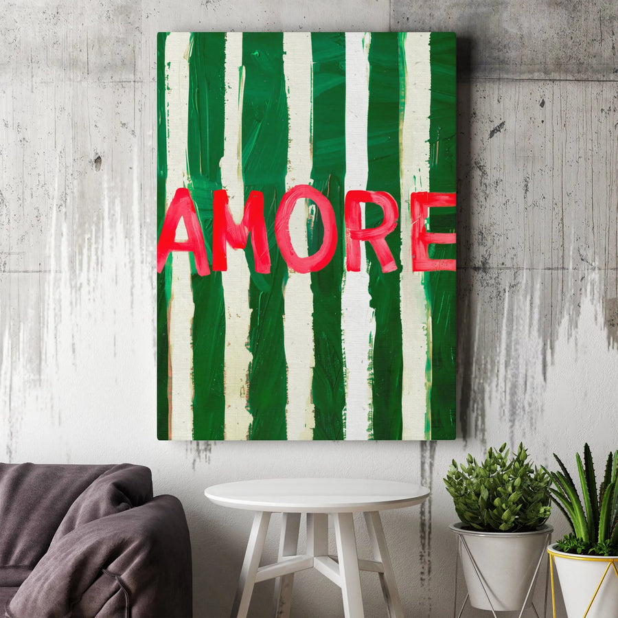 Amore Wall Art Canvas | Modern Abstract Green And White Striped Painting | Premium Gallery-Wrapped Print | Romantic Home Decor Gift