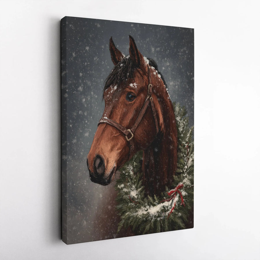 Christmas Horse Canvas Wall Art | Snowy Equestrian Winter Wreath Portrait | Premium Gallery Wrapped Decor | Holiday Gift for Horse Lovers