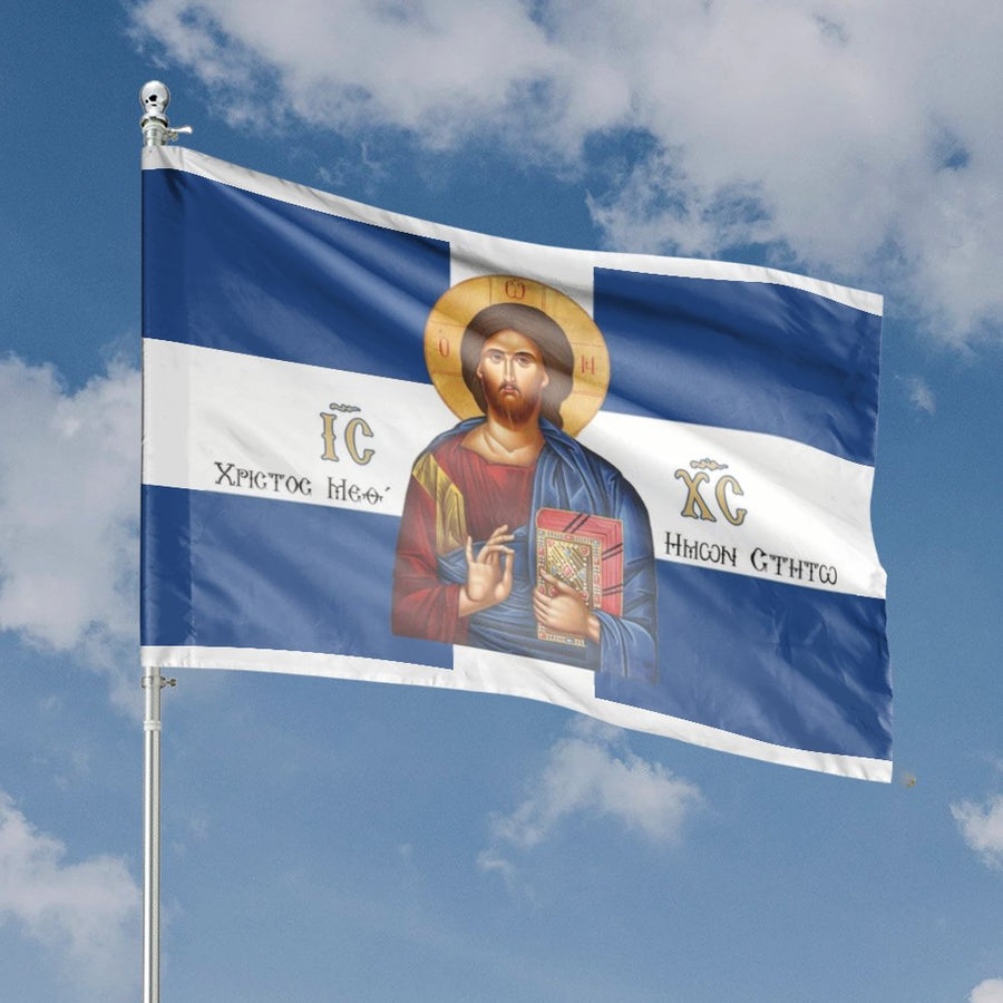 Greek Orthodox Jesus Flag | Religious Icon Christ Pantocrator Design | Weather-Resistant Premium Polyester | Spiritual Home Decor Gift