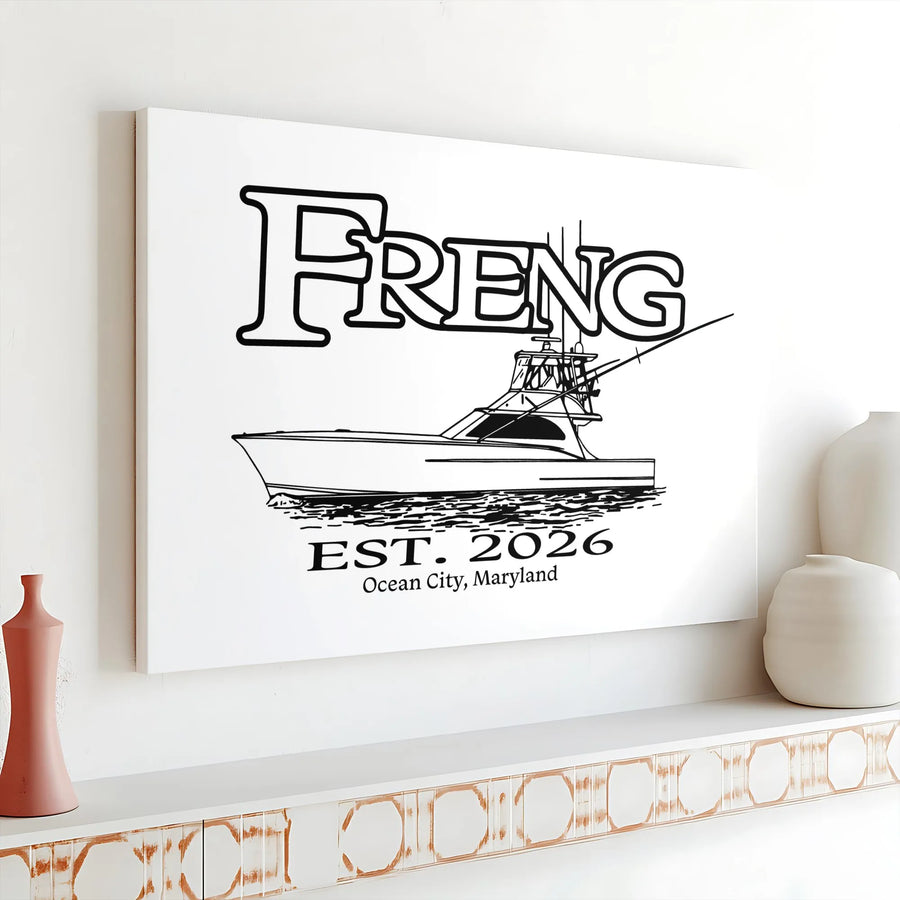 Ocean City Maryland Fishing Yacht Horizontal Canvas | Retro Line Art Sportfisher Design | Premium 1.25" Gallery Wrap | Coastal Decor Gift for Fisherman