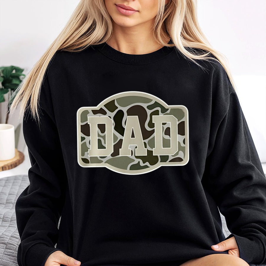 Camo Dad Sweatshirt | Military Pattern Varsity Text | Soft Cotton Blend Unisex Pullover | Premium Gift for Father, Hunting Enthusiast, or Army Veteran