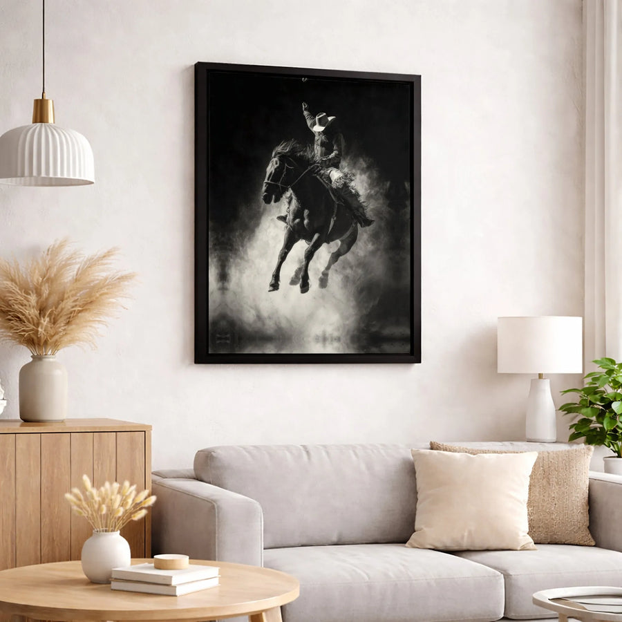 Western Cowboy Rodeo Canvas Wall Art | Black and White Bucking Bronco Action Print | Premium 1.25 Inch Gallery Wrap | Farmhouse Home Office Decor