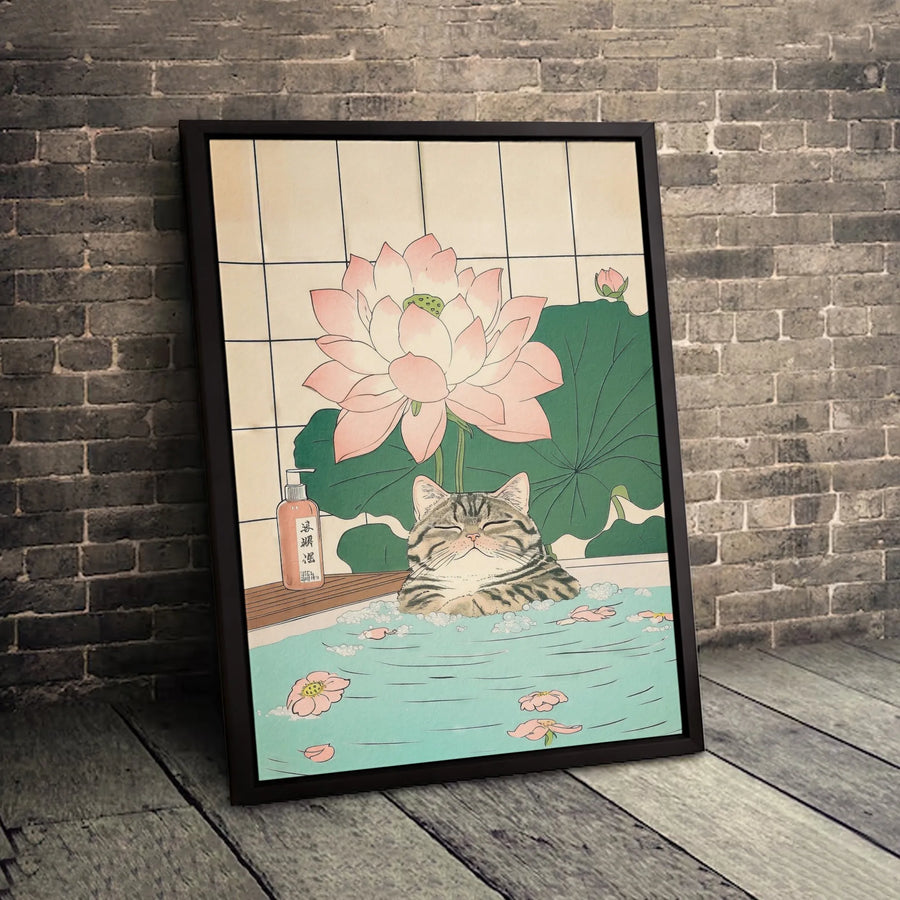 Japanese Cat Wall Art | Ukiyo-e Style Tabby Bathing in Lotus Flower | Premium Gallery Canvas | Cute Animal Home Decor Gift
