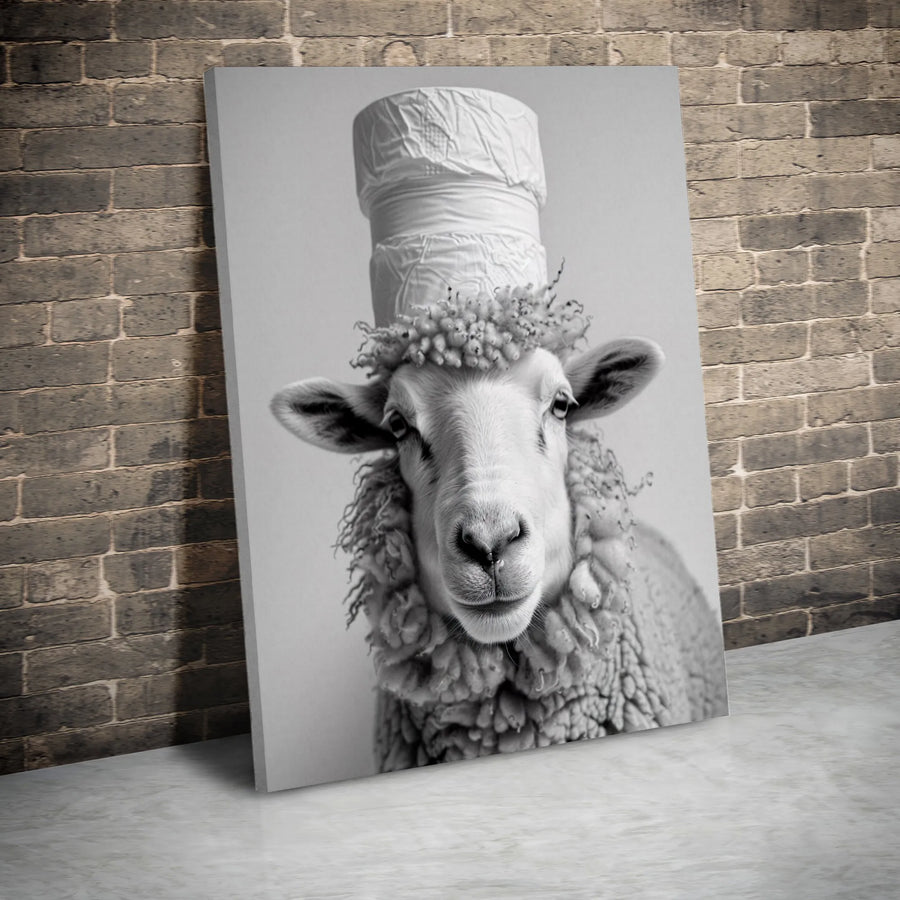 Funny Sheep Wall Art | Surreal Toilet Paper Hat Portrait | Gallery Quality Black and White Canvas | Whimsical Farmhouse Decor Gift
