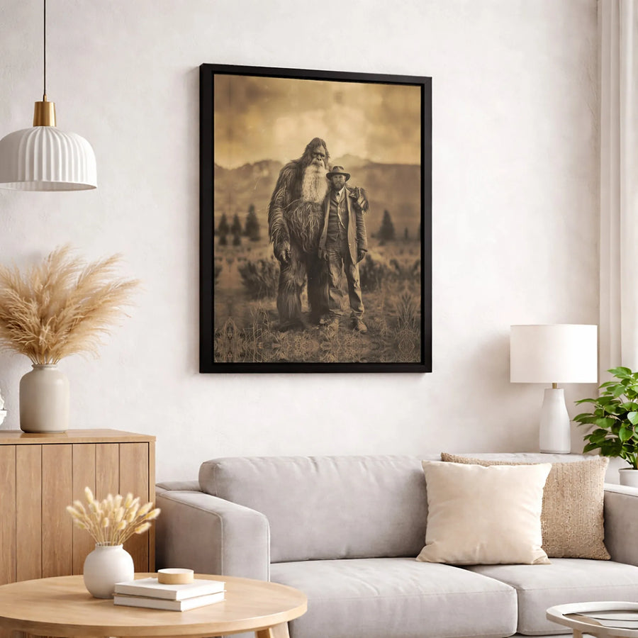 Bigfoot With Cowboy Canvas Wall Art | Vintage Sepia Portrait | Premium 1.25-Inch Gallery Wrap | Unique Cryptid Gift for Office or Home Decor