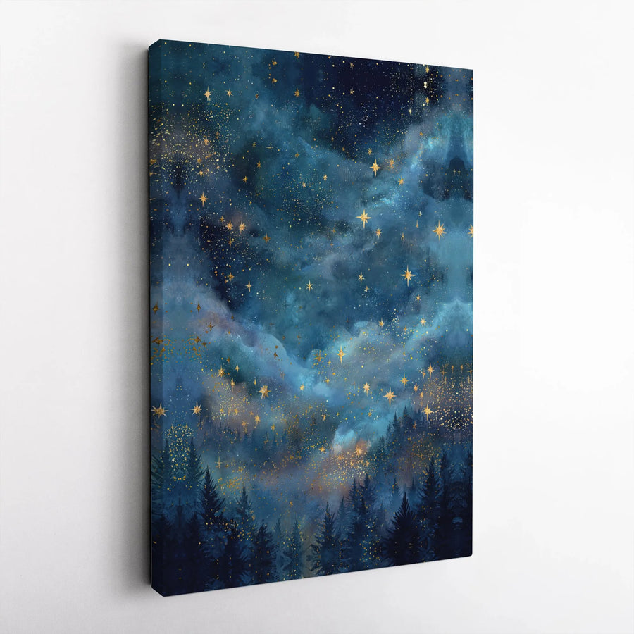 Starry Night Forest Canvas Print | Watercolor Galaxy with Gold Stars | Premium Gallery Wrap Canvas | Abstract Nature Art Gift for Home