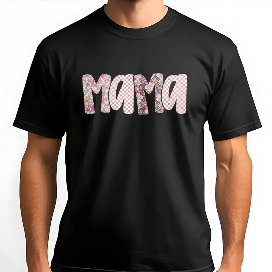 Mama T-Shirt | Preppy Floral Checkerboard Letters | Premium Cotton Blend | Mothers Day Gift for New Mom