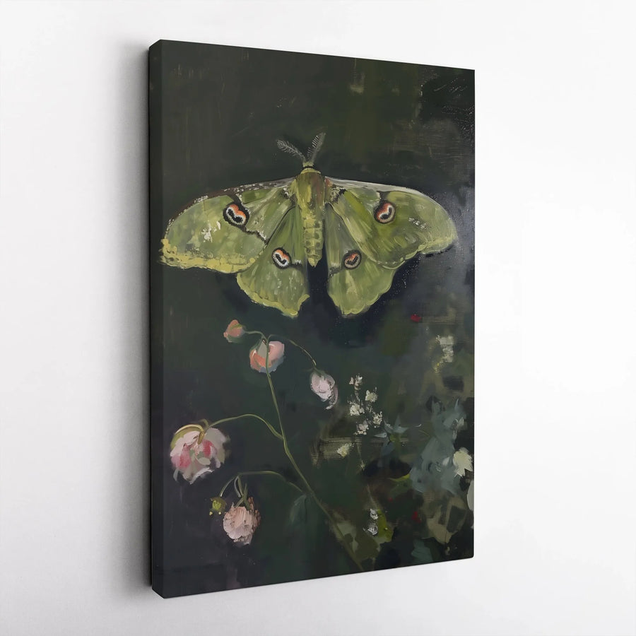 Luna Moth Art Vertical Canvas | Moody Vintage Botanical Style Print with Flowers | Premium 1.25" Gallery Style Canvas | Dark Cottagecore Decor Gift for Nature Lovers