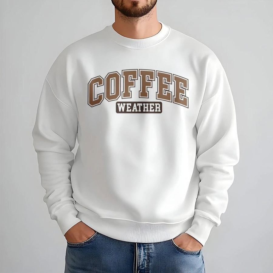 Coffee Weather Sweatshirt | Varsity Lettering Graphic Print | Soft Cotton Blend Fleece | Cozy Fall Aesthetic Gift for Coffee Lovers