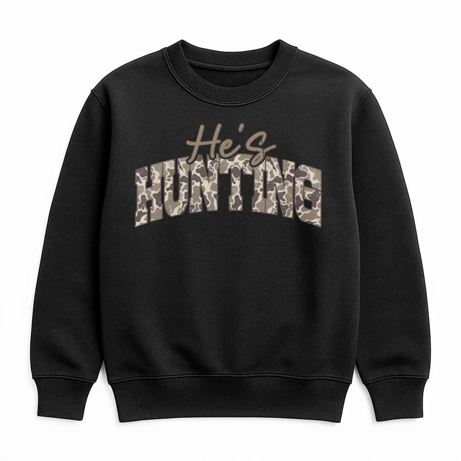He's Hunting Camo Sweatshirt | Arch Collegiate Lettering Design | Premium Cotton Blend | Gift For Hunter, Outdoorsman, Wildlife Enthusiast