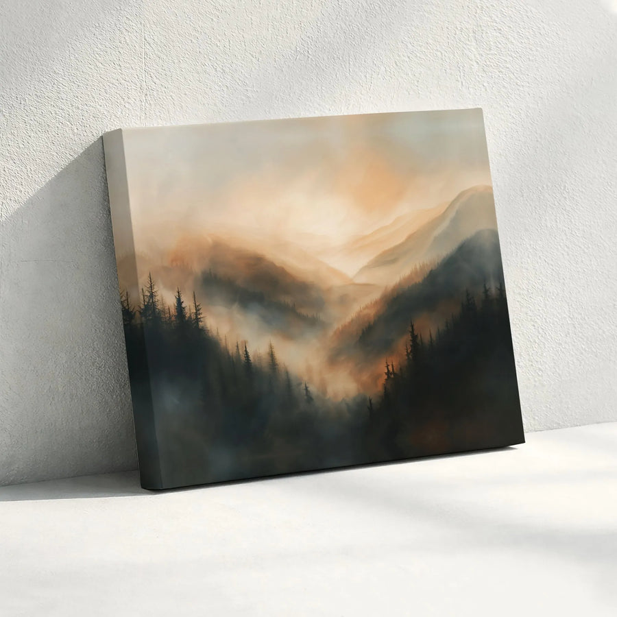 Misty Mountain Forest Canvas Wall Art | Sunrise Landscape Print | 1.25-Inch Gallery Wrap | Modern Nature Home Decor