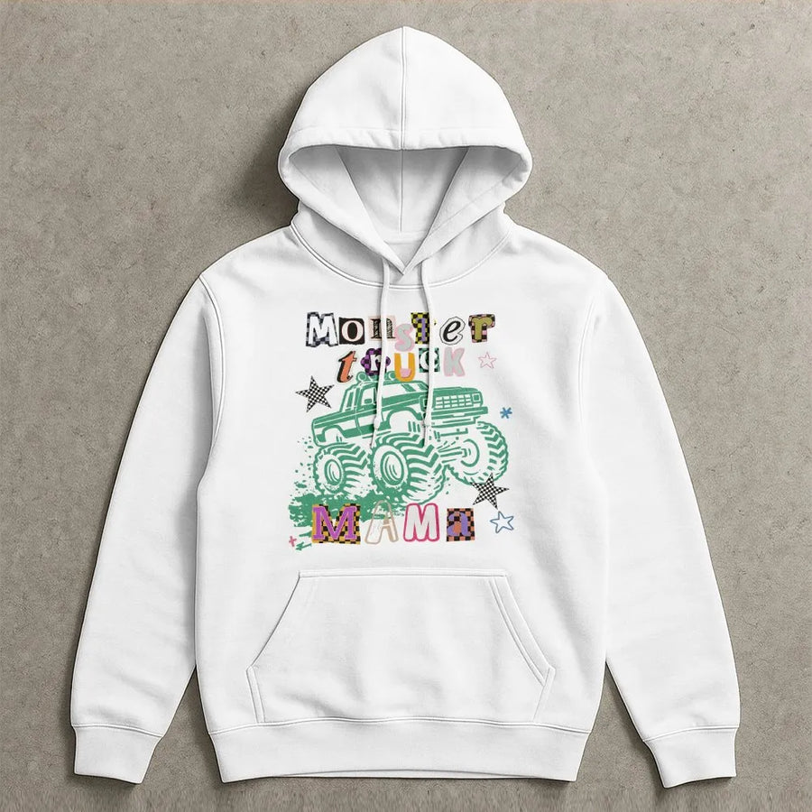 Monster Truck Mama Hoodie | Retro Checkered Graphic Pullover | Soft Cotton Blend | Trendy Gift for Mom