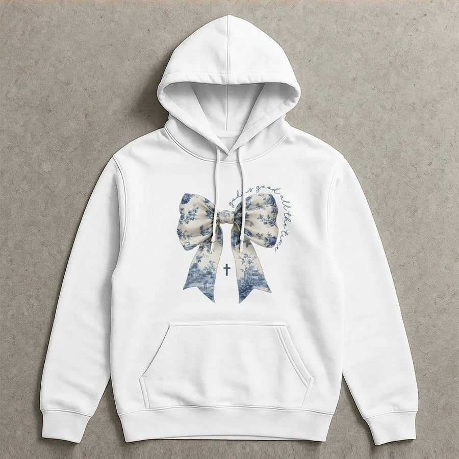 God Is Good Hoodie | Toile De Jouy Bow Christian Aesthetic | Premium Cotton Blend Sweatshirt | Religious Faith Gift For Her