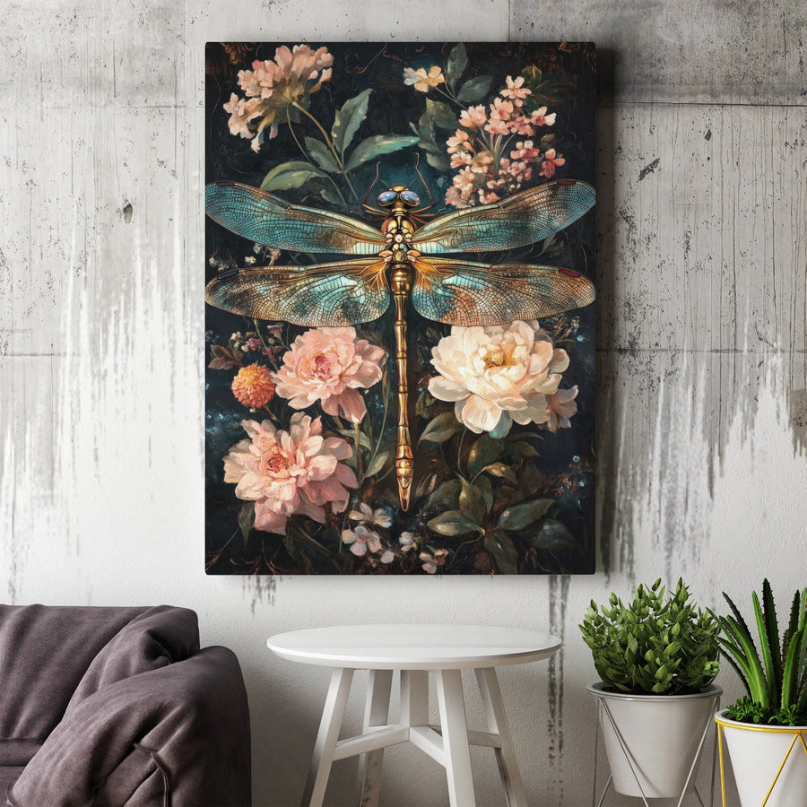 Dragonfly Wall Art | Dark Floral Peony Painting | Premium Gallery-Wrapped Canvas | Elegant Home Decor Gift for Nature Lovers