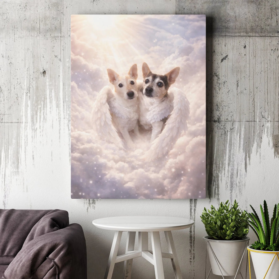 Angel Dogs Canvas Wall Art | Two Dogs with Wings in Heaven Portrait | Premium Stretched Canvas | Pet Loss Sympathy Gift for Dog Owner