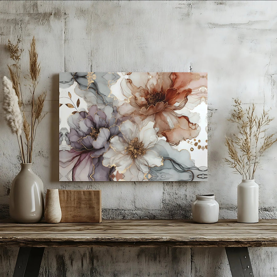 Elegant Floral Canvas Wall Art | Abstract Alcohol Ink Painting with Gold Accents | Premium Gallery Wrapped Print | Modern Living Room or Bedroom Decor