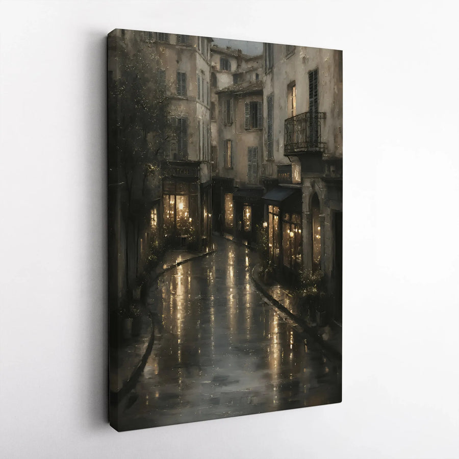 Rainy European Street Canvas Art | Atmospheric Night Scene Painting | 1.25" Thick Gallery Wrap | Premium Living Room & Office Decor Gift