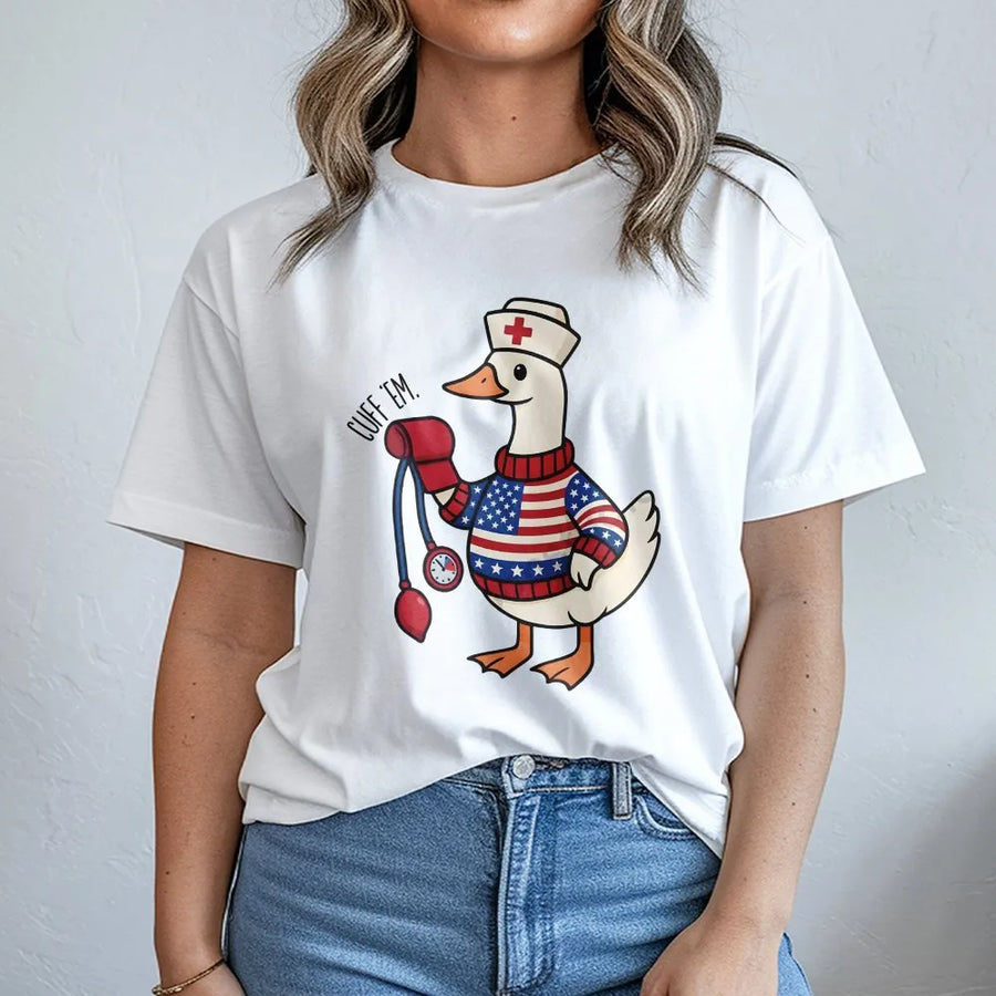 Funny Nurse Goose T-Shirt | Patriotic 4th of July Design | Soft Cotton Blend | Silly Gift for ER & RN Nurses