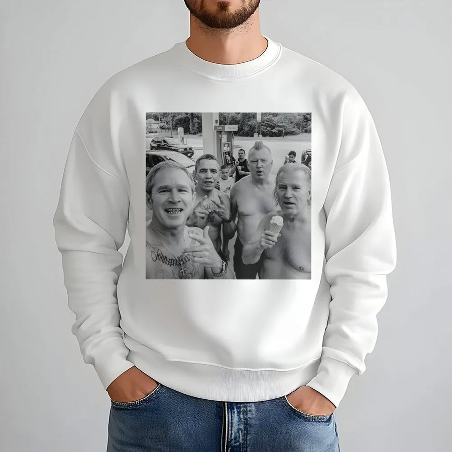 Presidential Meme Sweatshirt | Funny AI Parody Graphic | Soft Cotton Blend Crewneck | Unisex Gift For Humor Fans