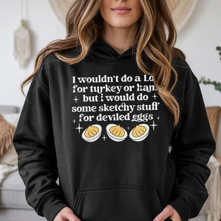 Deviled Eggs Hoodie | Funny Thanksgiving Foodie Joke | Premium Cotton Blend Unisex Sweatshirt | Perfect Holiday Gift for Food Lovers