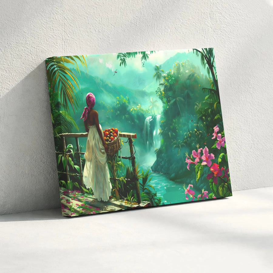 Tropical Waterfall Canvas Print | Lush Jungle Paradise Scene with Woman & Fruit Basket | Premium Gallery Wrapped Canvas | Bohemian Home Decor Gift