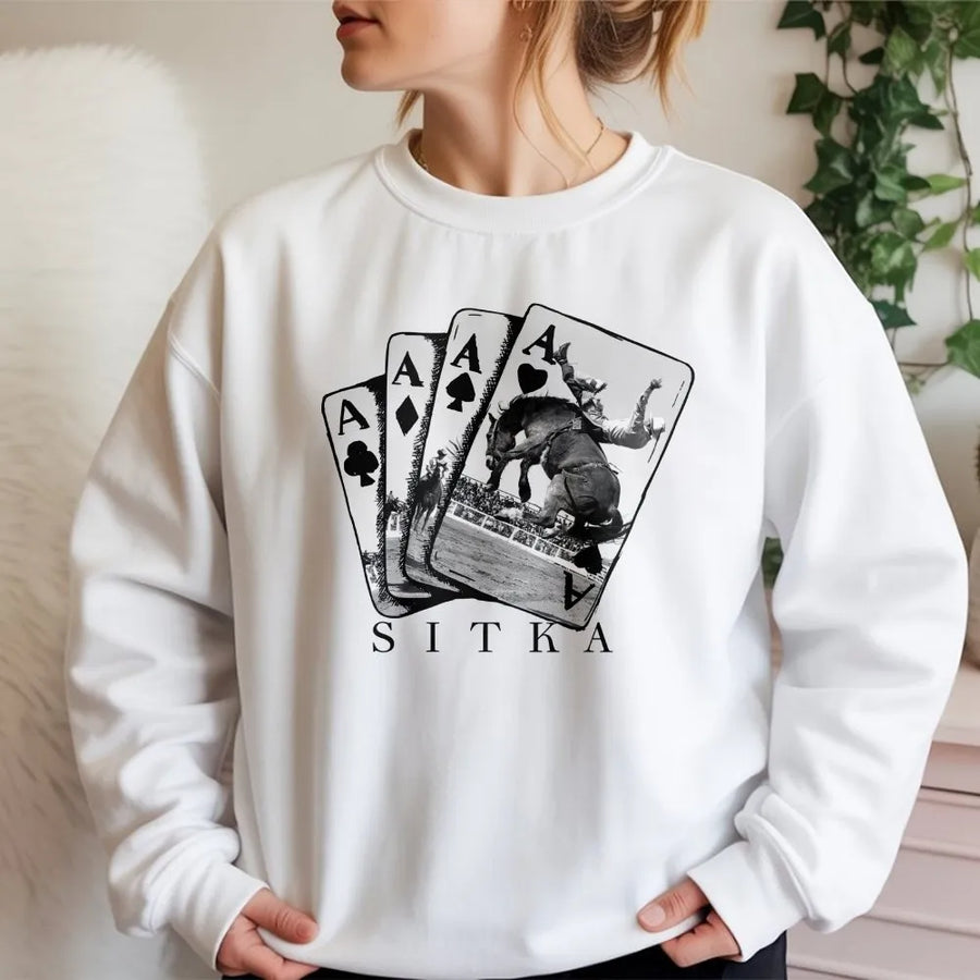 Sitka Rodeo Sweatshirt | Ace Playing Cards Western Graphic | Premium Cotton Blend | Gift For Cowboy Cowgirl Rider