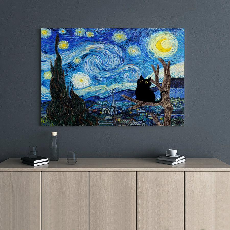 Black Cat Wall Art | Starry Night Impressionist Canvas Print | Premium Gallery Wrap 1.25" Frame | Whimsical Home Decor Gift for Cat Lovers