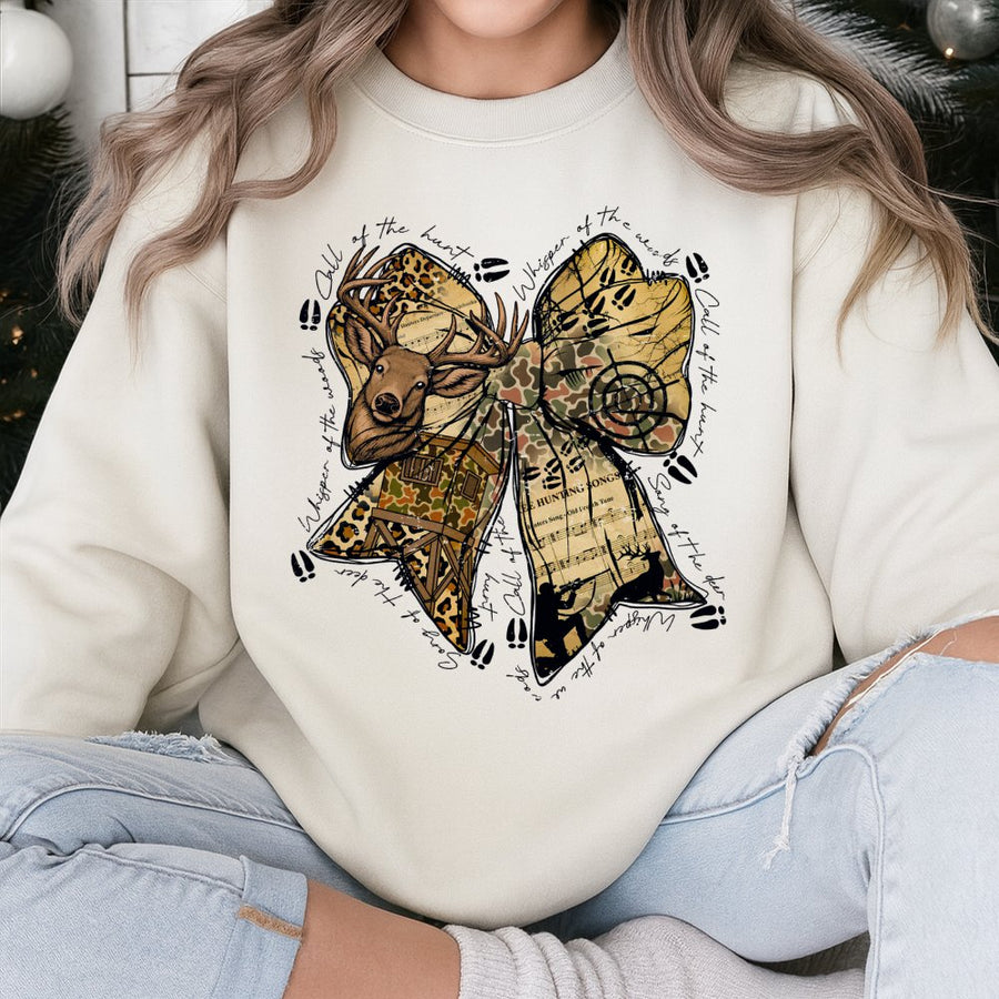 Hunting Bow Sweatshirt | Deer Antler Camo Coquette Aesthetic | Premium Cotton Blend | Gift for Outdoor Women and Hunters