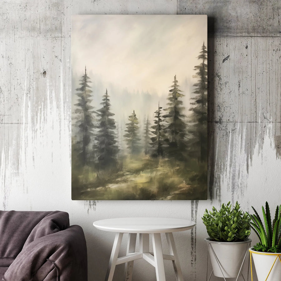 Misty Pine Forest Canvas Wall Art | Foggy Evergreen Woodland Painting | Premium 1.25" Gallery Wrap | Nature-Inspired Home Office Decor