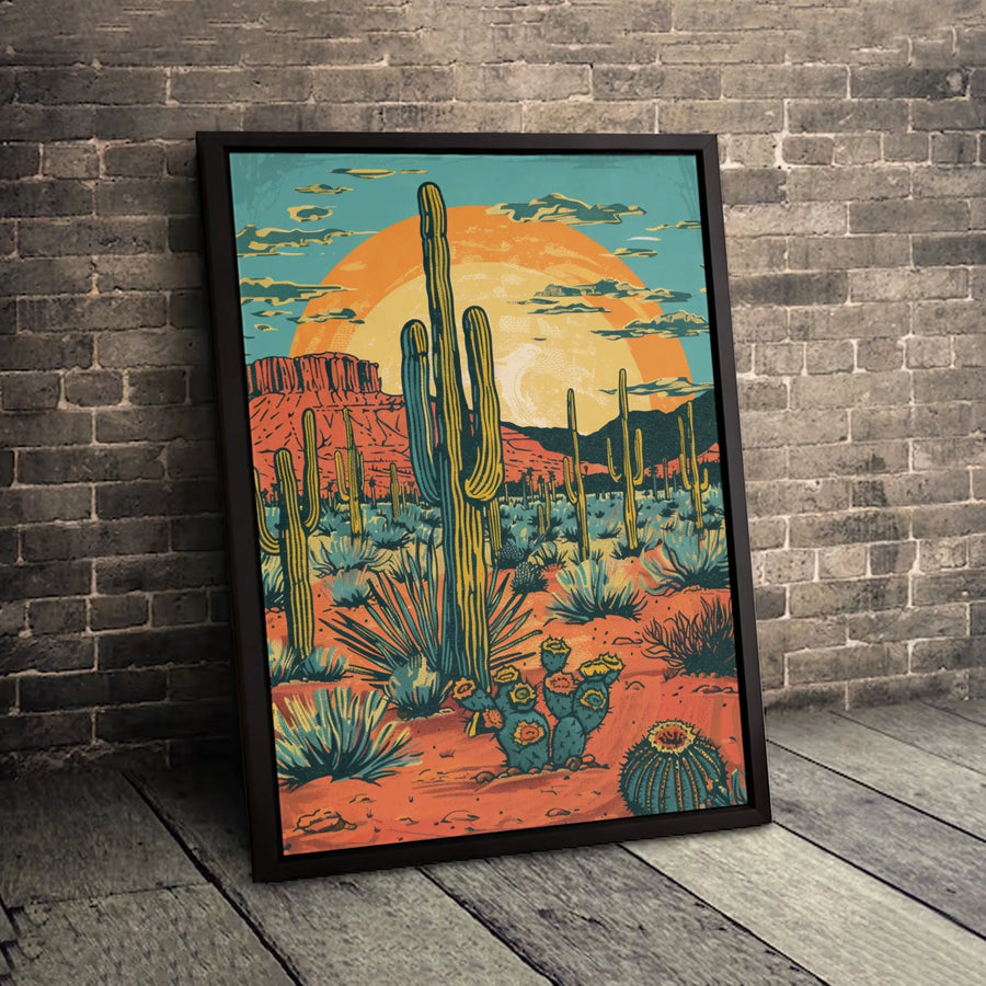 Vintage Desert Landscape Canvas Art | Saguaro Cactus Sunset Wall Decor | 1.25-Inch Premium Gallery Wrap | Southwestern Home Office Gift