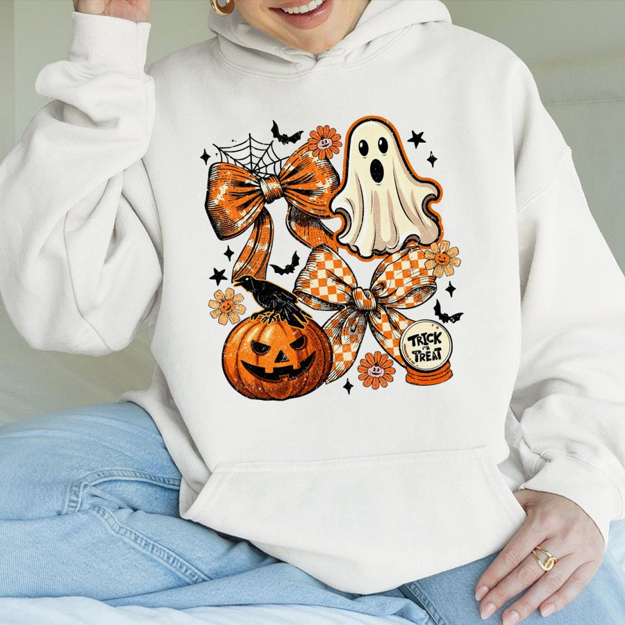 Coquette Halloween Ghost Hoodie | Spooky Season Aesthetic Bow Design | Soft Cotton Blend Premium Sweatshirt | Trendy Fall Gift for Women