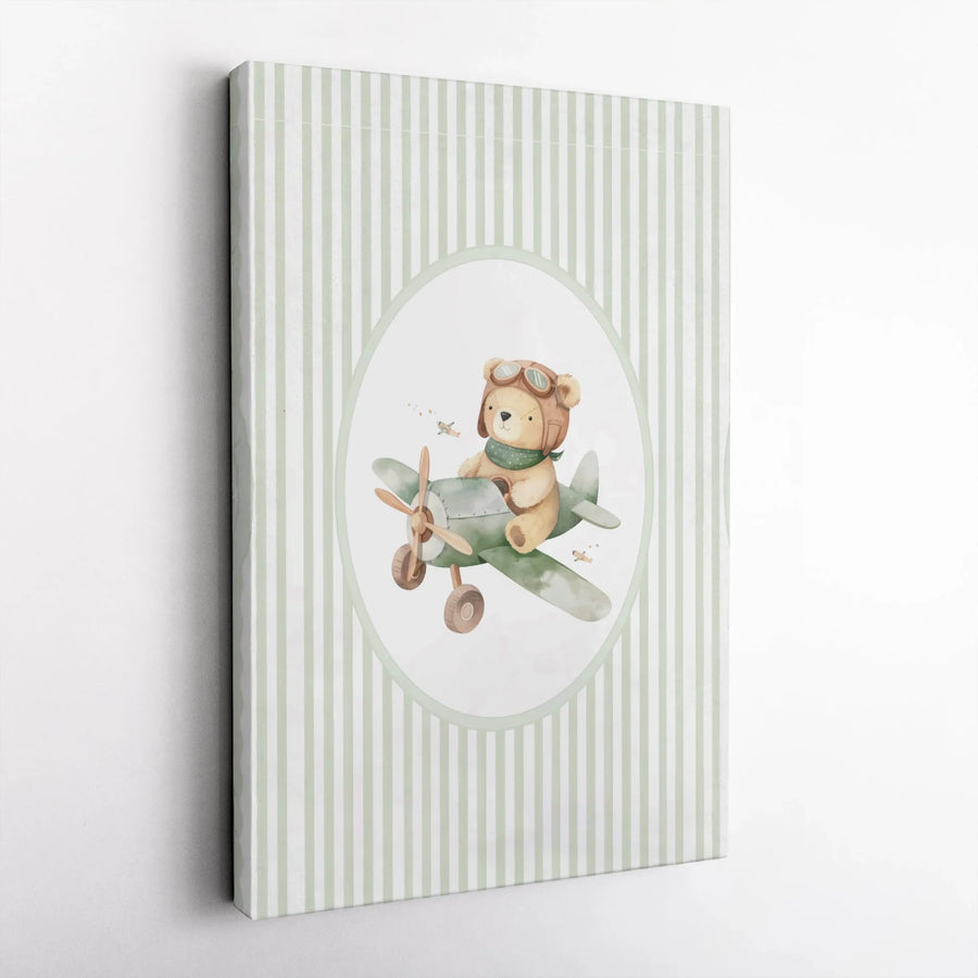 Watercolor Teddy Bear Pilot Canvas | Cute Airplane Wall Art | Premium Gallery Wrap Decor | Nursery Room Gift for Kids & Baby Boys