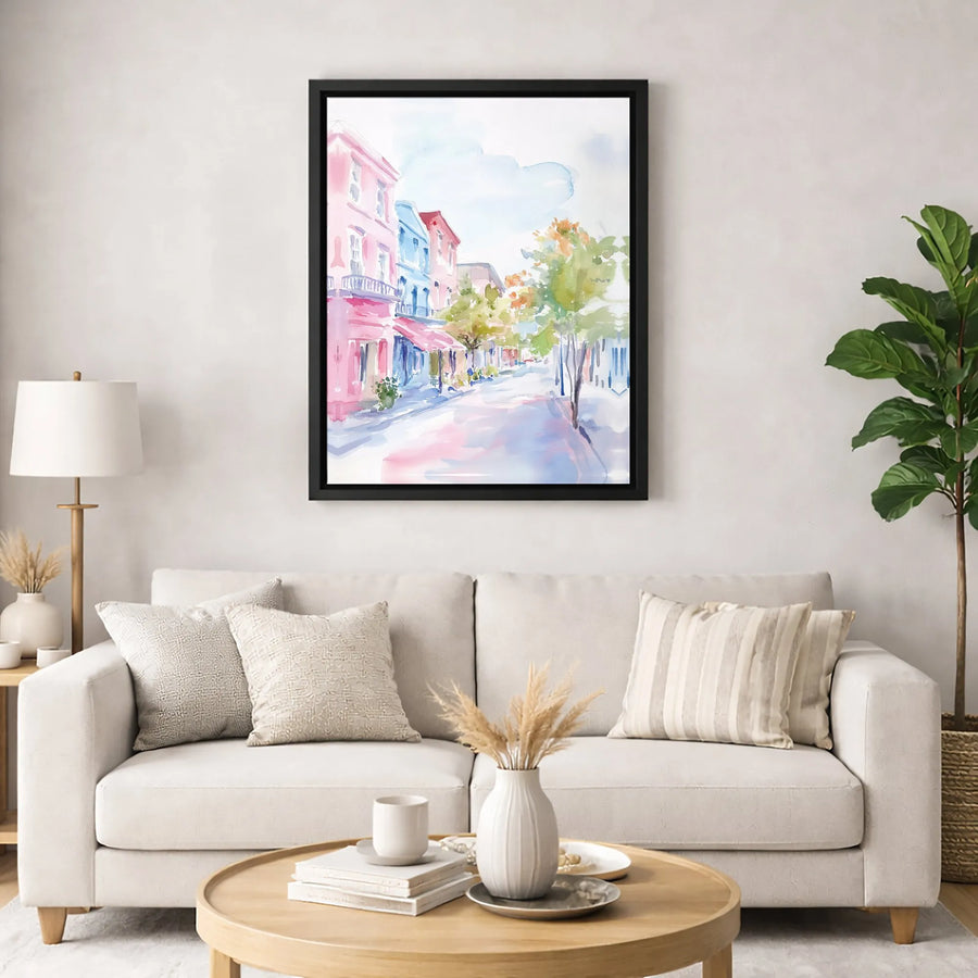 Colorful City Street Canvas Print | Watercolor European Town Art | Premium Gallery Wrapped Wall Decor | Gift for Home Office