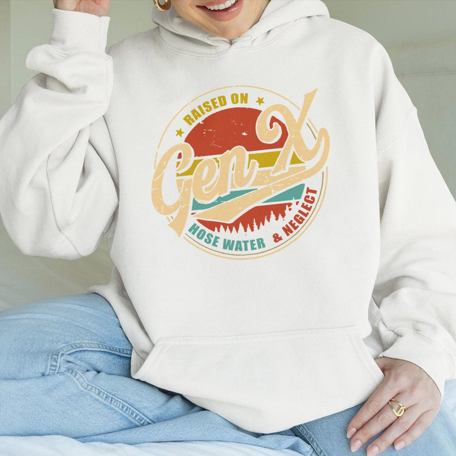 Gen X Hoodie | Raised On Hose Water And Neglect Graphic | Premium Cotton Blend | Funny 80s Generation Birthday Gift For Men And Women