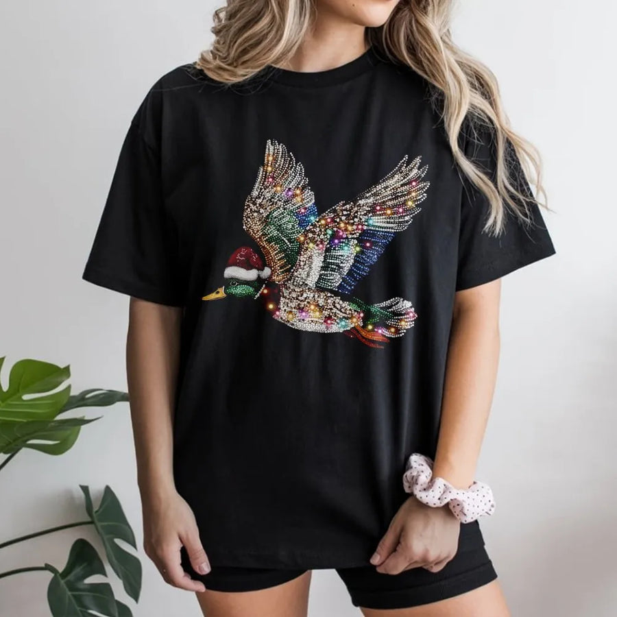 Mallard Duck Christmas T-Shirt | Sparkling Rhinestone Graphic Design | Premium Soft Cotton Tee | Festive Wildlife Lover Gift For Hunters