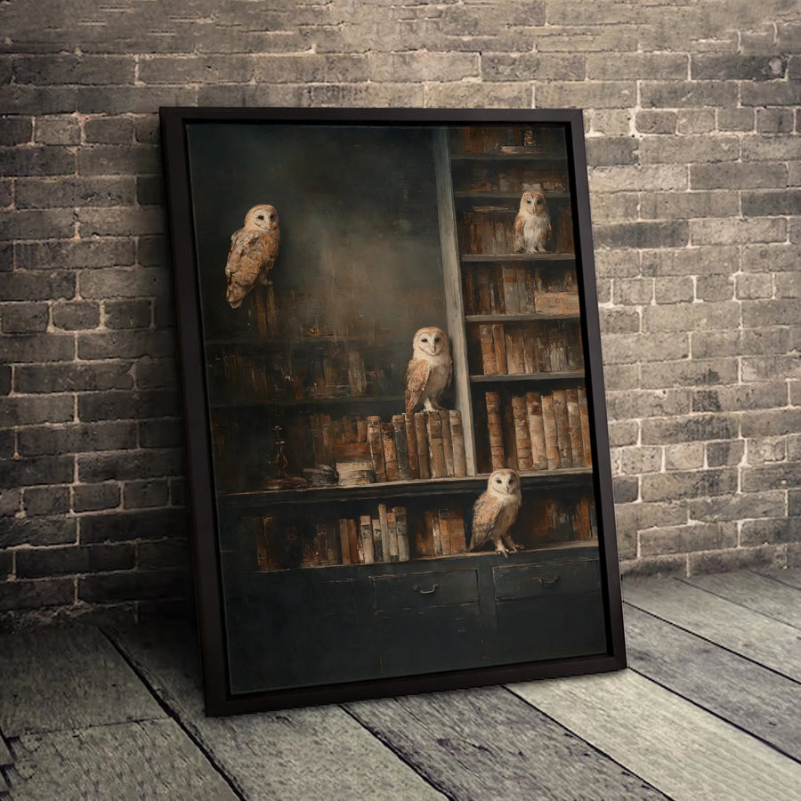 Barn Owl Library Canvas Print | Dark Academia Wall Art | Premium Gallery-Wrapped Portrait | Moody Vintage Decor for Home or Office