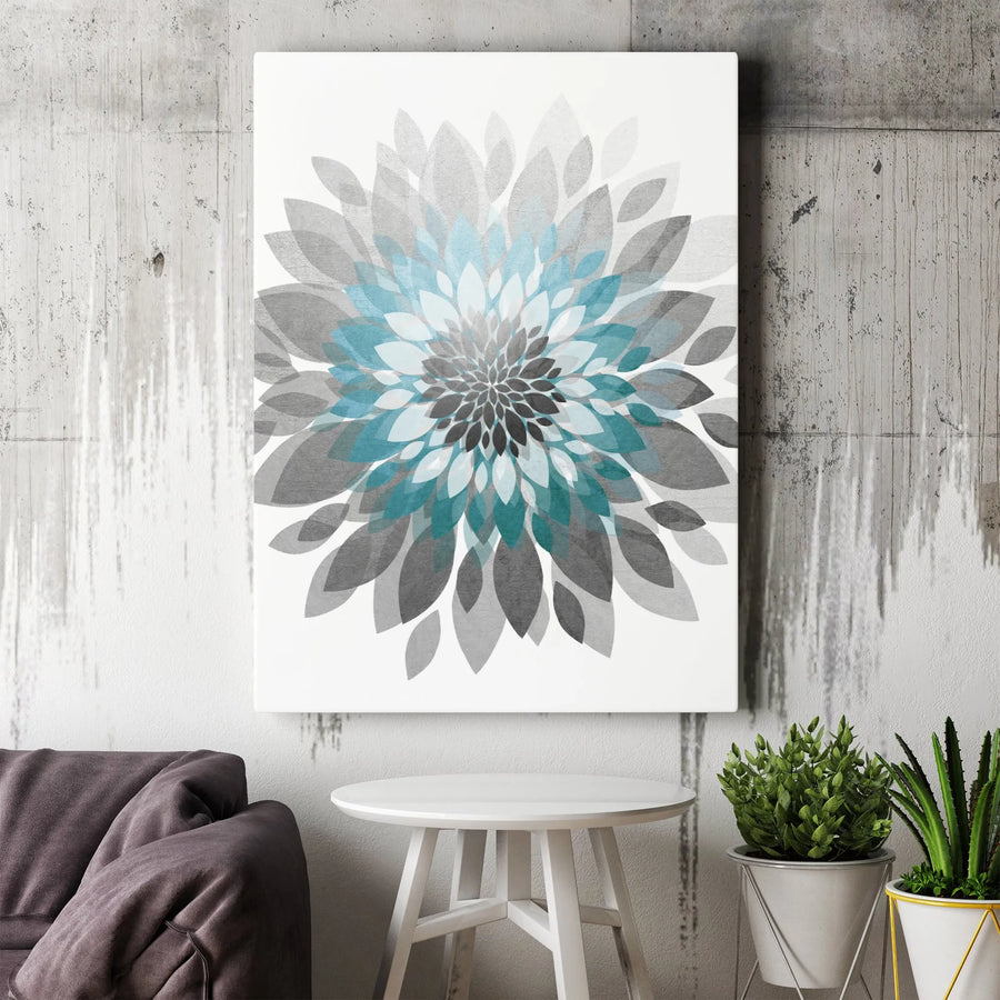 Abstract Floral Canvas Wall Art | Modern Teal and Gray Geometric Flower | Premium 1.25" Thick Gallery Wrap | Minimalist Home and Office Decor Gift