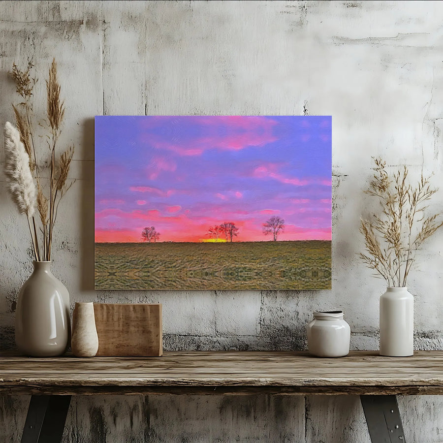 Vibrant Sunset Canvas Print | Impressionist Countryside Painting | Premium Fade-Resistant Ink | Modern Farmhouse Wall Decor Gift
