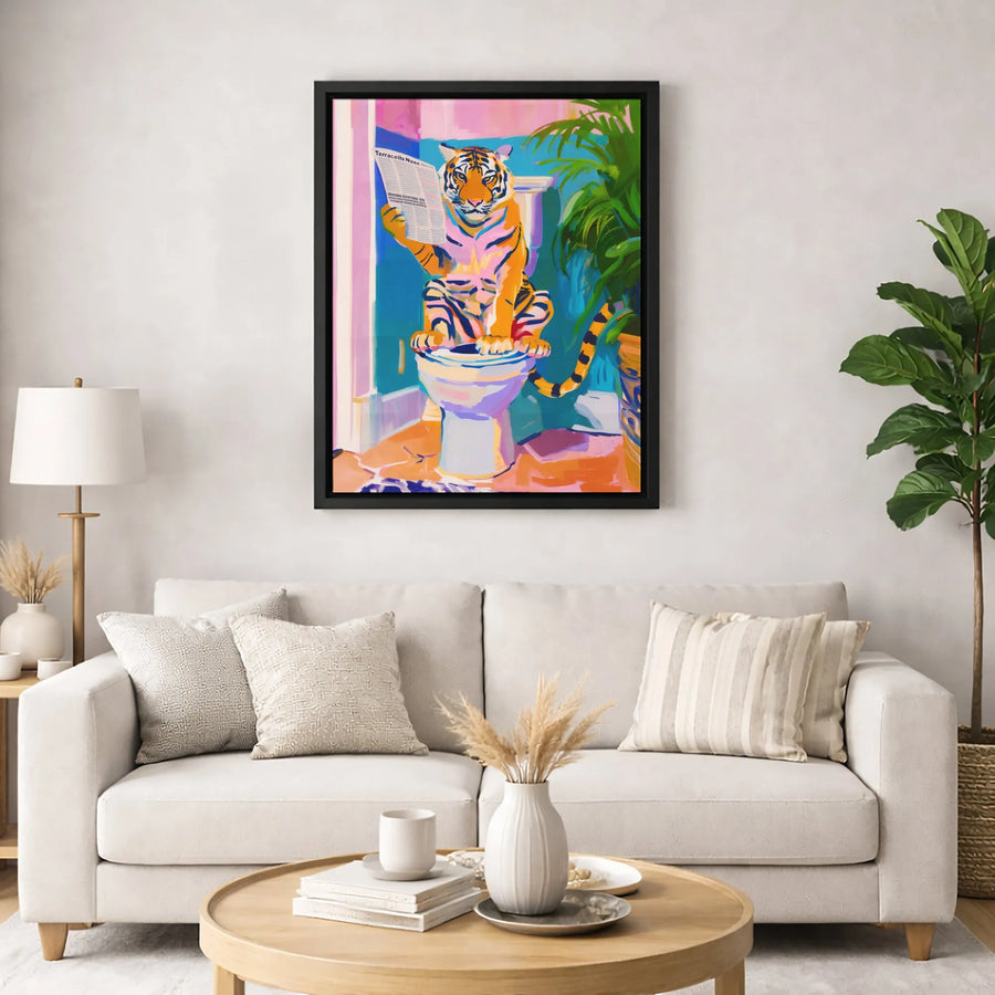 Tiger Reading Newspaper on Toilet Canvas | Quirky Bathroom Wall Art | Premium Fade-Resistant Gallery Print | Funny Animal Home Decor