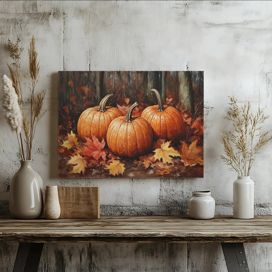 Pumpkin Patch Canvas Wall Art | Rustic Forest Scene with Autumn Leaves | Premium Fade-Resistant Print | Seasonal Thanksgiving Home Decor Gift
