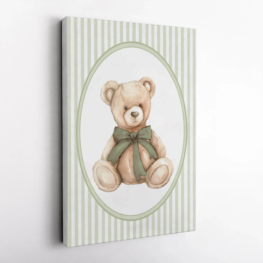 Watercolor Teddy Bear Wall Art | Sage Green Bow Nursery Decor | Premium Gallery Wrapped Canvas | Charming Gift for Baby Shower or Kid Room