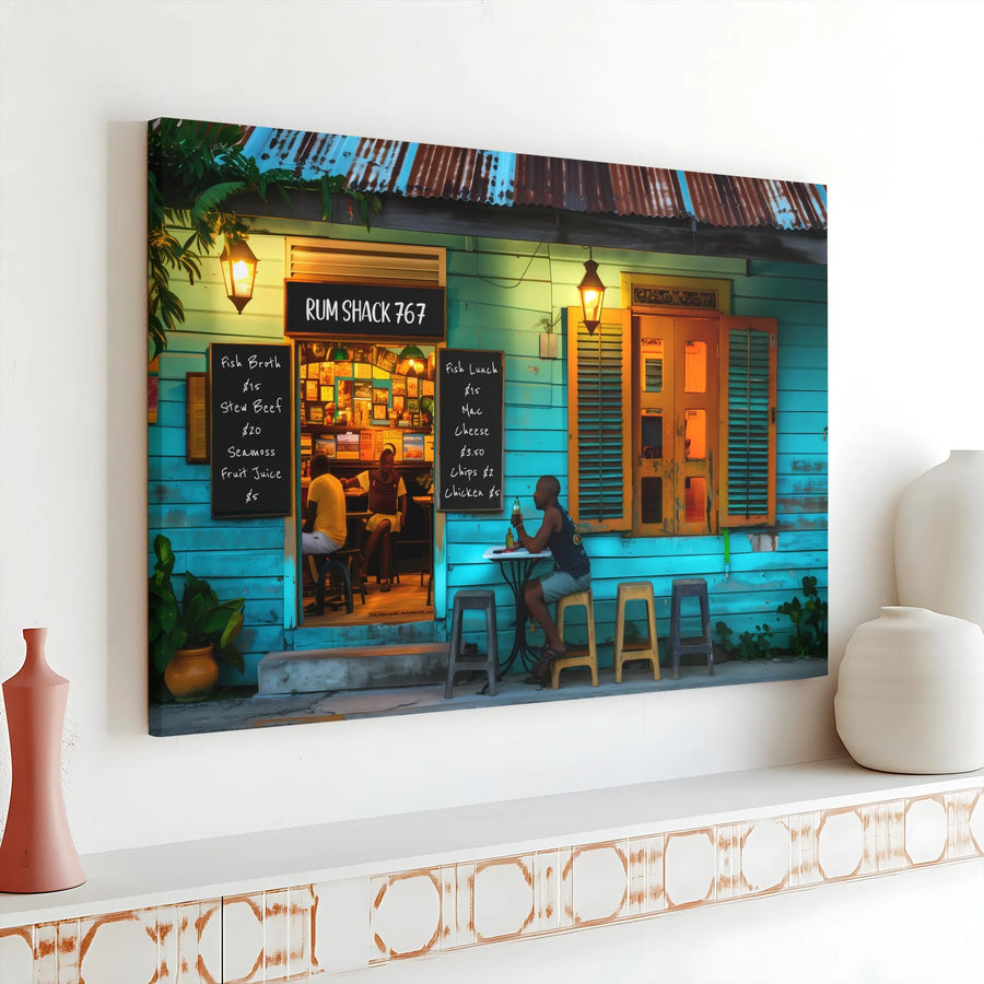Caribbean Rum Shack Canvas Wall Art | Atmospheric Tropical Bar Scene | Premium Thick Canvas | Coastal Home Decor & Man Cave Gift
