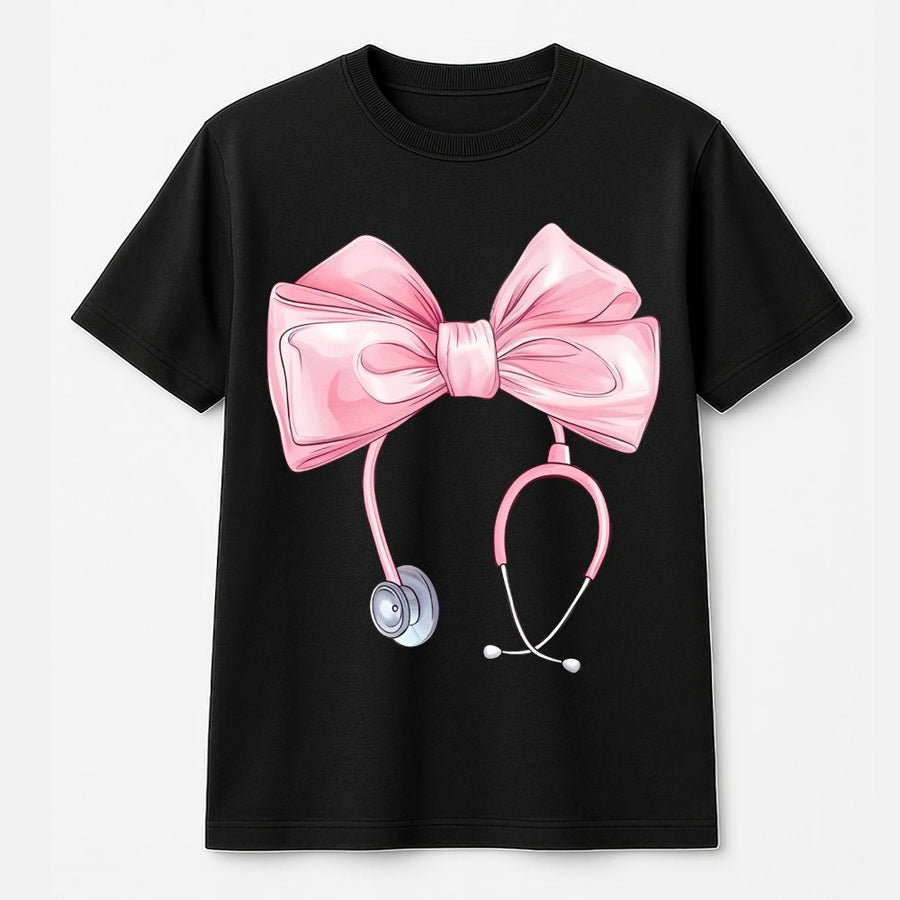 Coquette Nurse T-Shirt | Pink Bow Stethoscope Graphic Tee | 100% Cotton Premium Quality | Cute Nursing Student Gift & Appreciation Apparel
