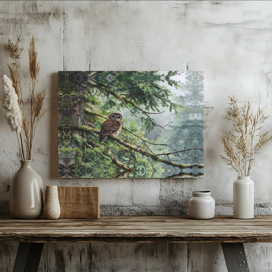Spotted Owl Canvas Wall Art | Foggy Forest Nature Print | Premium 1.25 Inch Gallery Wrap | Wildlife Home Decor for Nature Lovers